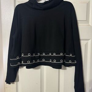Black Hooded Long-Sleeve Sweatshirt with a cream Loop Trim.  Western Inspired.
